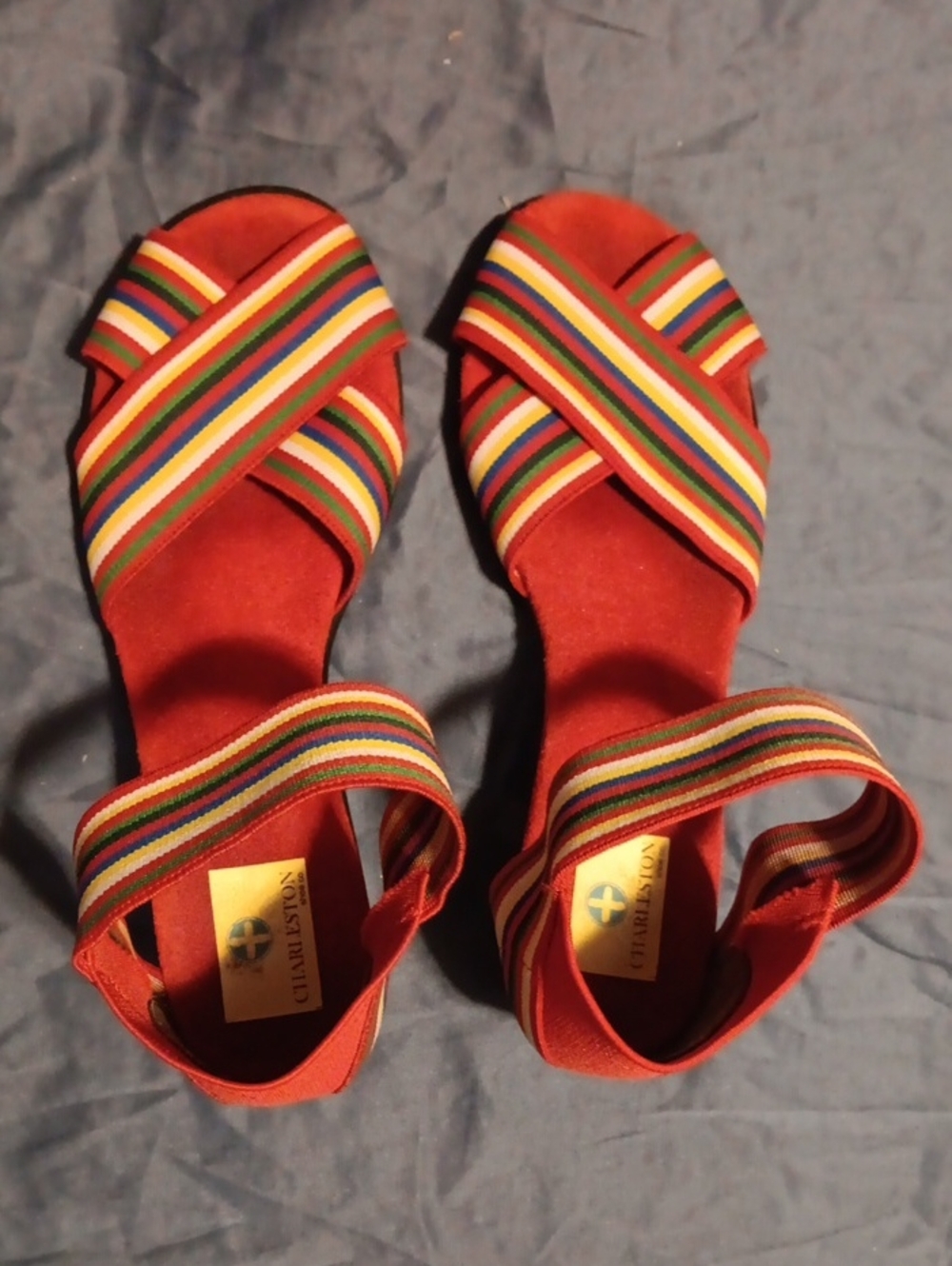Charleston Shoe Company Red Sandals with Rainbow Striped Elastic Cross Straps